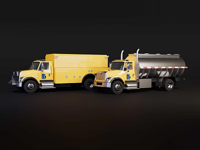 Two Utility Vehicles Including Yellow Box Truck And Silver Tank Truck 3d model