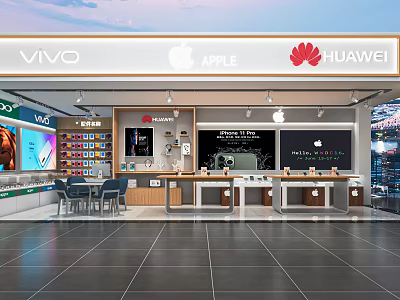 Modern Digital Store Showcasing Apple VIVO Huawei Electronic Products And Display Counters 3d model