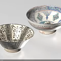 Decorative Ceramic Bowls With Black White Floral Patterns And Blue Intricate Designs