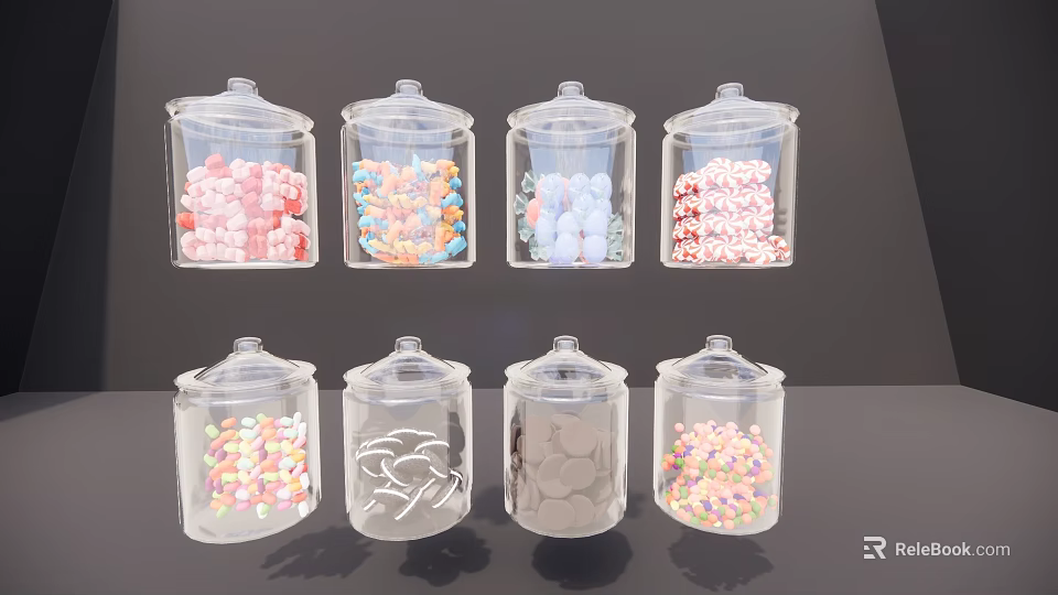 Transparent Glass Cups Filled With Colorful Candies In Various Shapes And Hues 3d model 