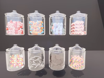 Transparent Glass Cups Filled With Colorful Candies In Various Shapes And Hues 3d model