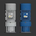 Silver and Blue Industrial Electric Gear Motors with Metal Housing and Warning Labels