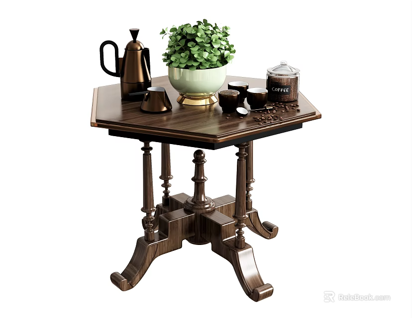 Dark Wooden Side Table with Carved Legs Green Plant Black Teapot Cups and Lidded Jar 3d model 
