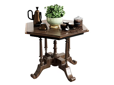 Dark Wooden Side Table with Carved Legs Green Plant Black Teapot Cups and Lidded Jar 3d model