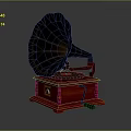 Vintage Gramophone Design With Brass Horn Red Wooden Base And Turntable
