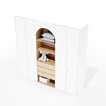 White Kids Wardrobe with Arched Open Shelves and Storage Drawers Featuring Elephant Doll and Pillow