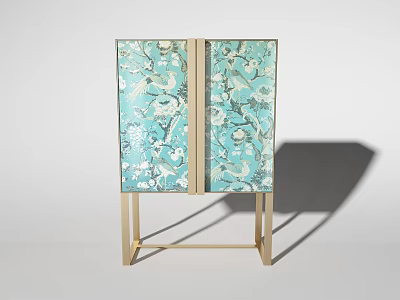 Elegant Modern Sideboard With Blue Floral Pattern And Gold Metal Legs Design 3d model
