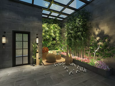 Feature Wall With Glass Skylight Bamboo Plants Flowers And Decorative Stones 3d model