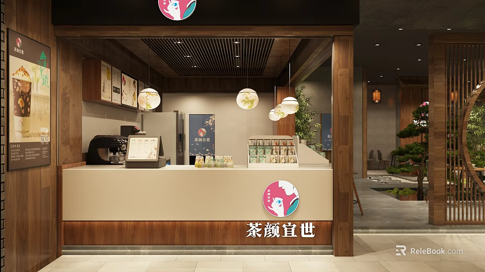 Traditional Chinese Style Milk Tea Shop With Wooden Counter Hanging Lights And Green Plants 3d model 