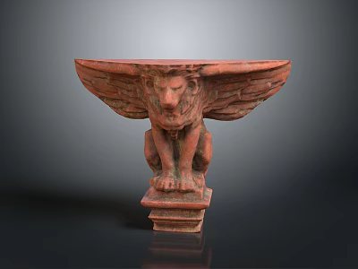 Red Winged Lion Sculpture Sitting on Pedestal Base with Ancient Design 3d model