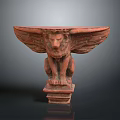 Red Winged Lion Sculpture Sitting on Pedestal Base with Ancient Design