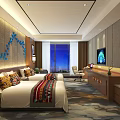 Modern Hotel Guest Room Interior With Bed Sofa Desk TV Pendant Lamp And Ethnic Decor