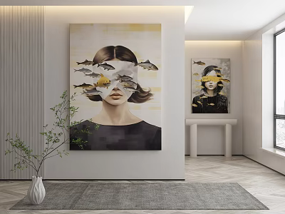 Modern Interior Design With Large Portrait Painting Featuring Woman Face And Floating Fish Elements 3d model