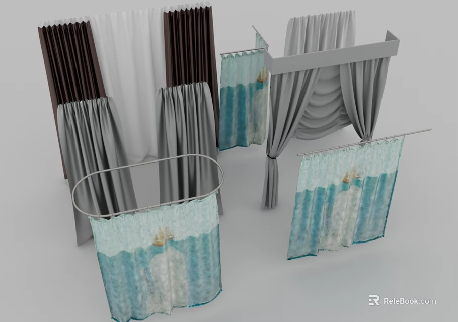 Different Styles of Curtains in Various Colors with Curtain Rods and Fabric Details 3d model 