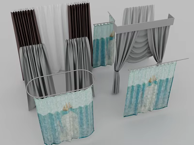 Different Styles of Curtains in Various Colors with Curtain Rods and Fabric Details 3d model