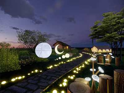 Scenic Evening Pathway With Illuminated Lights Moon Shaped Decor Trees And Cottages Under Night Sky 3d model