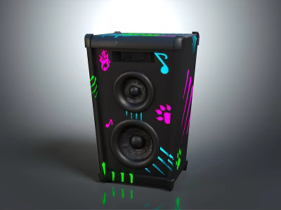 Stylish Black Computer Speaker Featuring Colorful Music Notes Paw Prints And Dual Speakers 3d model