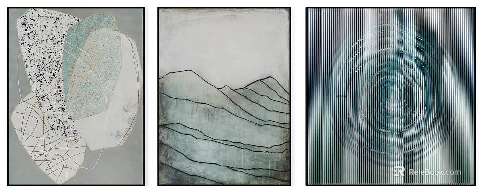 Abstract Wall Art Collection Featuring Mountain Lines Concentric Circles And Striped Designs 3d model