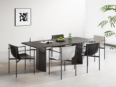 Modern Dining Table Set with Black and White Chairs Decorative Painting Green Plant and Blinds 3d model
