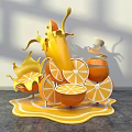 Interactive Zone With Vibrant Oranges Sliced Fruit And Juice Splash Design 3d model