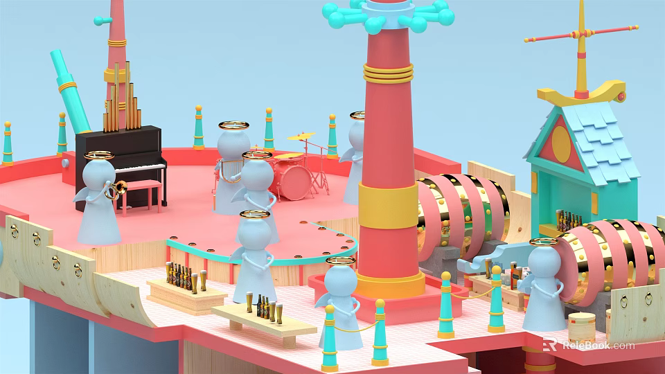 Playful Cartoon Scene With Musical Instruments And Colorful Architectural Elements 3d model 