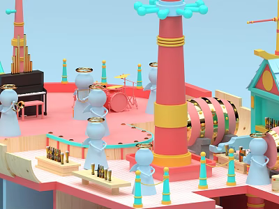 Playful Cartoon Scene With Musical Instruments And Colorful Architectural Elements 3d model