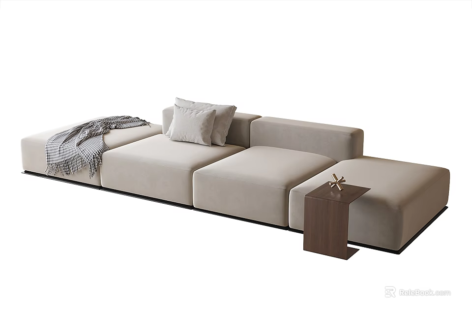 Modern Beige Sectional Sofa With Plush Pillows Soft Blanket And Wooden Side Table 3d model 