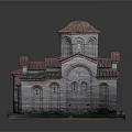 Cartoon Style Church Scene With Red Roof Tiles Domes Cross Stone Walls And Arched Windows