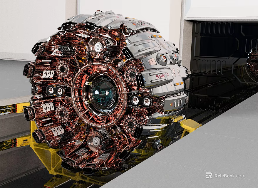 Complex Industrial Engine With Metal Structure Mechanical Components Pipes And Yellow Supports In Industrial Setting 3d model 