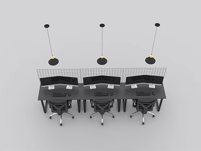 Modern Office Desk Workstations With Mesh Dividers Pendant Lights And Ergonomic Chairs 3d model