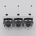 Modern Office Desk Workstations With Mesh Dividers Pendant Lights And Ergonomic Chairs