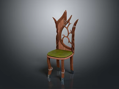 Unique Wooden Chair With Intricate Leaf Design Back And Green Cushioned Seat For Home Decor 3d model