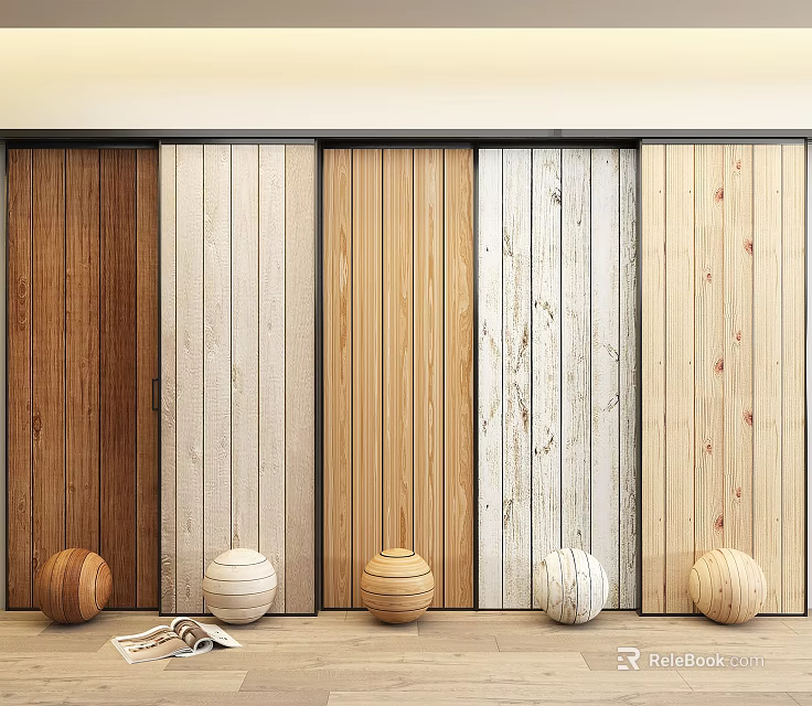 Various Wooden Floor Samples Display With Decorative Balls And Magazine For Home Interior 3d model 