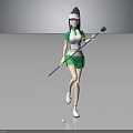 3D Female Character In Green White Sportswear With Golf Club And Ball On Gray Background