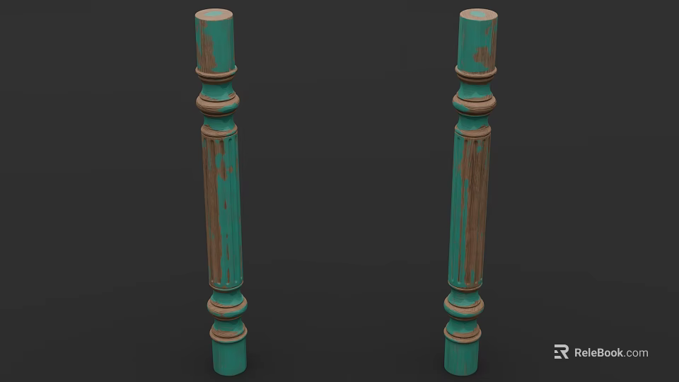 Teal Worn Wooden Columns With Classic Design And Textured Surface 3d model 
