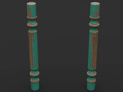 Teal Worn Wooden Columns With Classic Design And Textured Surface 3d model