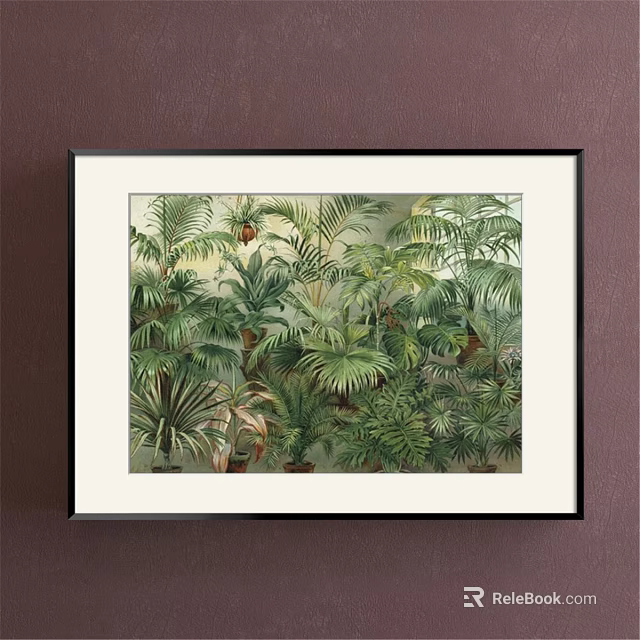 Lush Tropical Plant Painting With Green Leaves Framed Wall Art Decor 3d model 