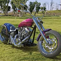 Stylish Pink And Blue Custom Motorcycle Parked In Green Grass Field With Trees