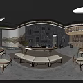 Modern Bright Restaurant Interior With Wooden Tables Hanging Lights And Large Windows