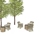 Outdoor Rattan Chair And Stump Stool Set With Two Trees In Garden