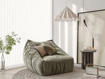 Cozy Olive Green Single Bean Bag Sofa in Modern Living with Floor Lamp and Plant 3d model