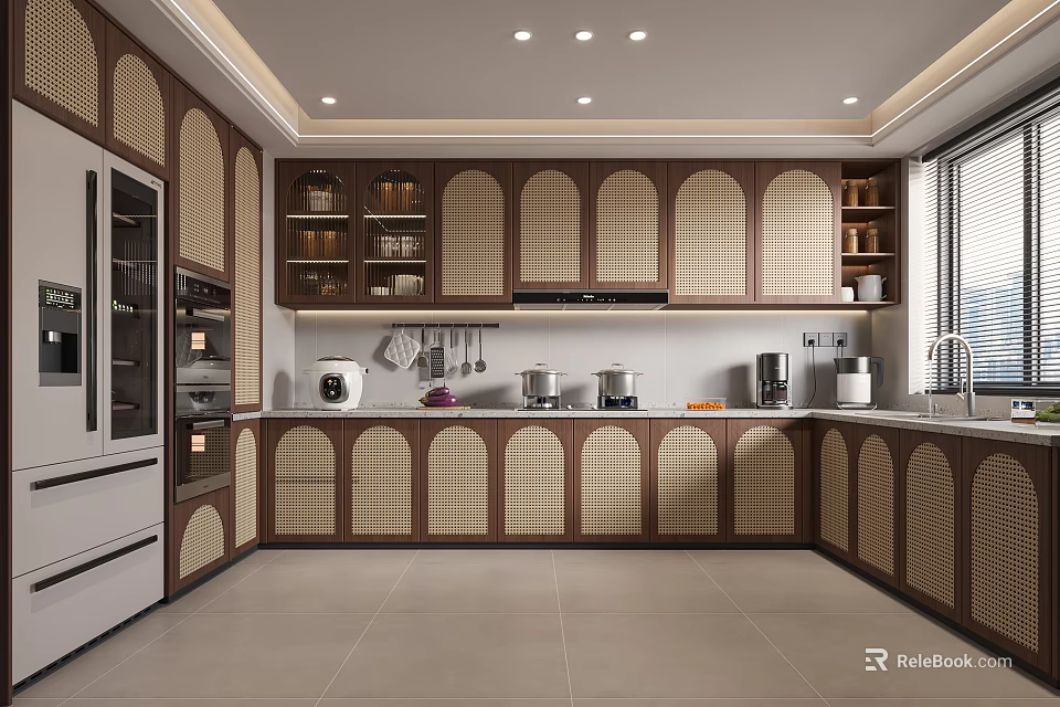 Modern Kitchen Interior Design With Wooden Rattan Cabinets White Countertop And Appliances 3d model 