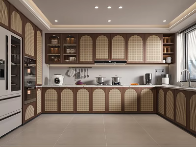 Modern Kitchen Interior Design With Wooden Rattan Cabinets White Countertop And Appliances 3d model