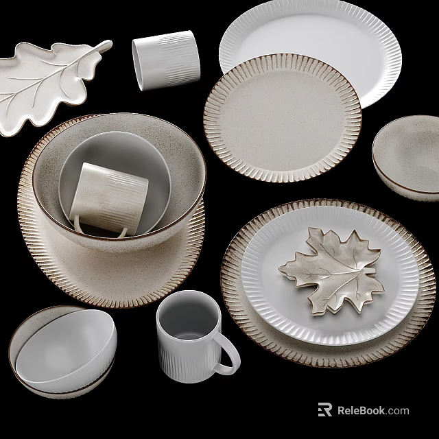 Elegant White Dinnerware Set With Leaf Shaped Plates Textured Edges Cups And Bowls 3d model 