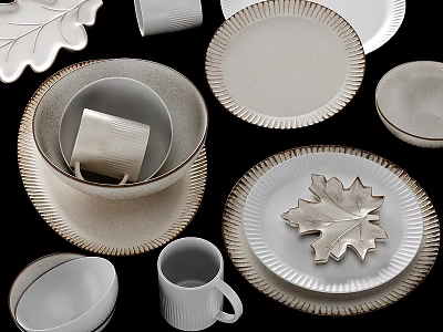 Elegant White Dinnerware Set With Leaf Shaped Plates Textured Edges Cups And Bowls 3d model