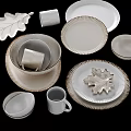 Elegant White Dinnerware Set With Leaf Shaped Plates Textured Edges Cups And Bowls 3d model