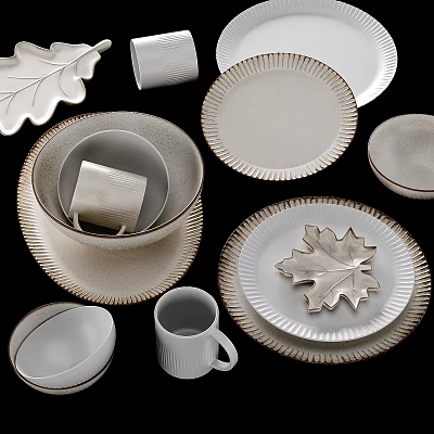 Elegant White Dinnerware Set With Leaf Shaped Plates Textured Edges Cups And Bowls 3d model