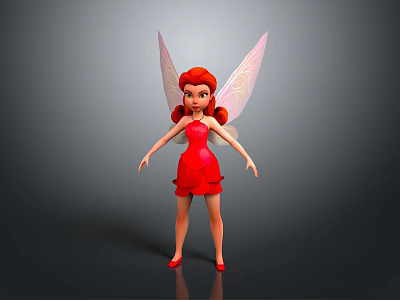 Red Dress Fairy Character With Pink Wings And Red Curly Hair In Magical Design 3d model