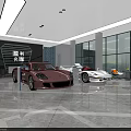 4S Luxury Car Showroom Displaying Red Sports Car On Circular Stand And Blue Vehicle Screen