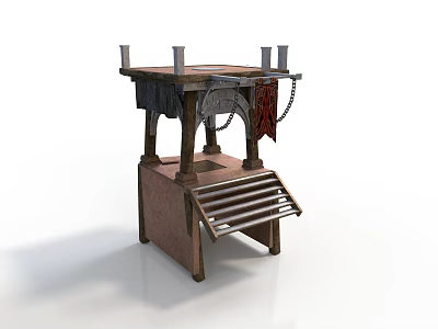 Medieval Wooden Torture Device With Metal Candlesticks Striped Platform And Chains 3d model